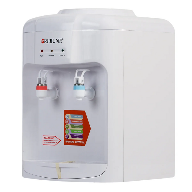 Rebune tabletop water dispenser in white with red and blue hot and cold taps, three indicator lights for hot, power and warm, and drip tray at the base