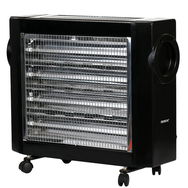 Rebune electric quartz heater in matte black with 5 heating elements behind a metal safety grille, side carry handles, and 4 rolling caster wheels