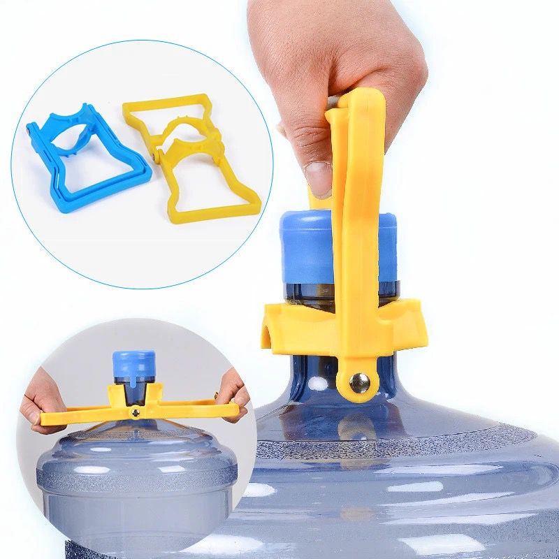 A 5-gallon water bottle holder made of carbon steel with a black coating, featuring a 3-tier design to hold multiple water bottles, shown in use with both a single blue and a single yellow water bottle handle.
