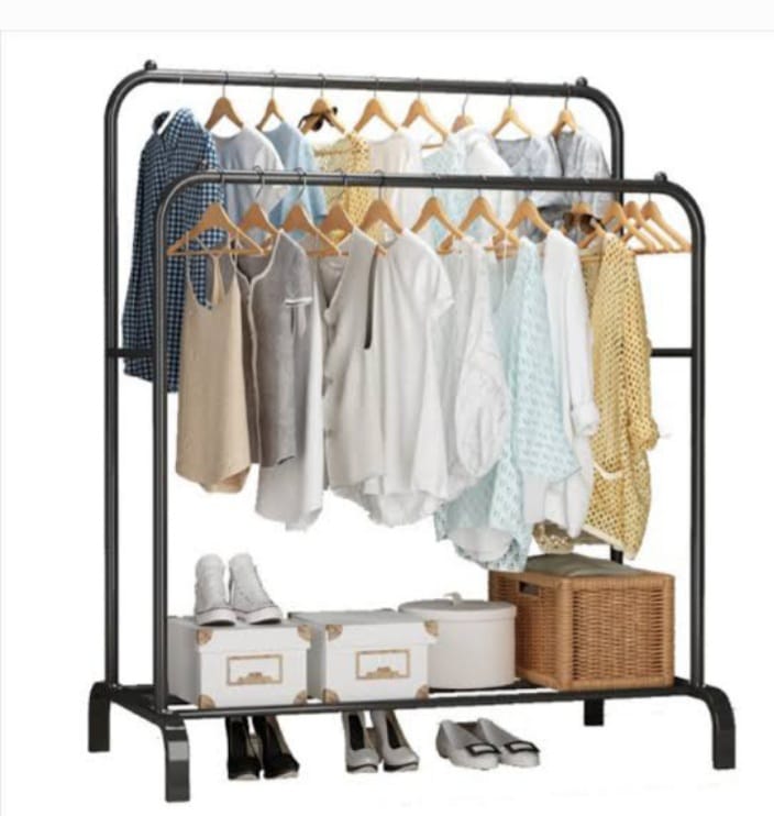 Double Pole Clothing Rack With Lower Storage Shelf for Boxes /Shoes