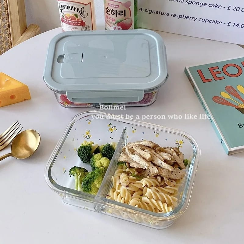 Microwave - Safe Partitioned Glass Lunch Box 2 Grid