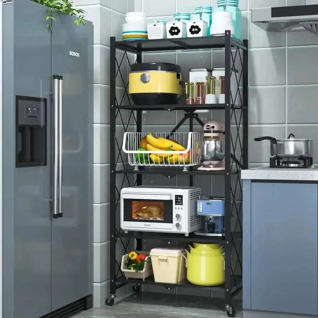 Foldable movable metallic storage rack