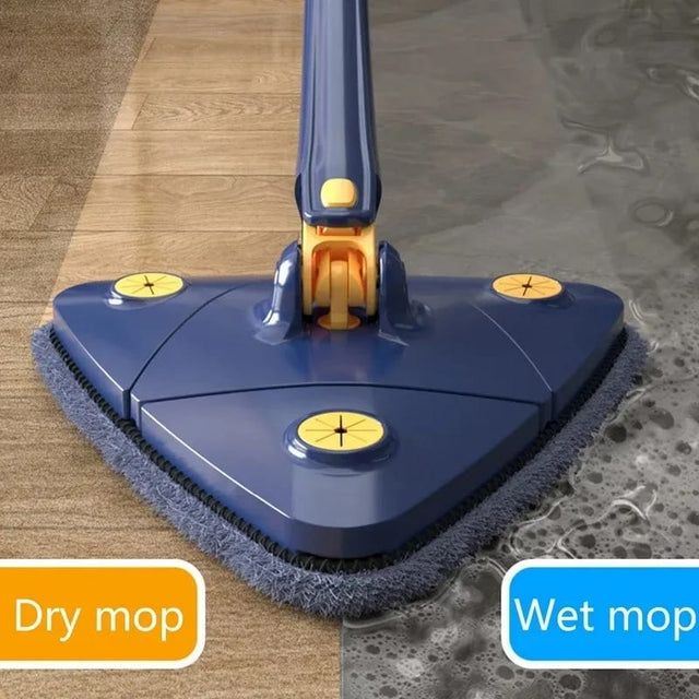 A triangular microfiber mop with a blue handle and grey pad being used on a wooden floor, showing both dry and wet usage scenarios.
