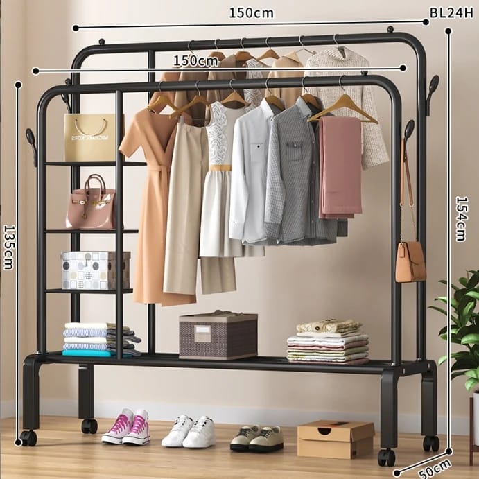 Double pole cloth rack with lower and side storage for shoe and boxes. Has with wheels
