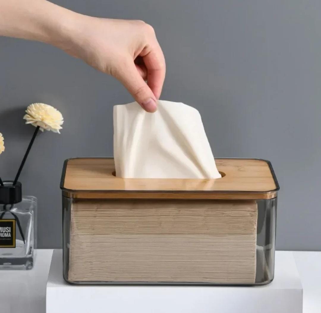 Acrylic transparent serviette holder with bamboo cover