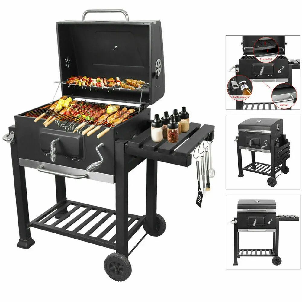 Outdoor Garden Barbecue Portable BBQ Grill Outdoor Large Charcoal Trolley Rectangular BBQ Barbecue Grill