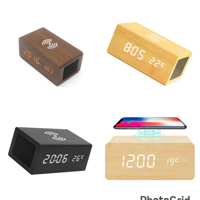 Four wireless charging bamboo wooden digital alarm clocks in black, brown, beige, and white colors, with a smartphone displayed in the beige version.