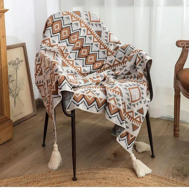 Nordic Bohemian knitted throw blankets with tassels