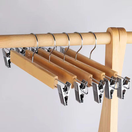High Grade Natural Wooden Hangers Skirt Pants Hangers with Clips and 360° Swivel Hook, Heavy Duty Jeans Hangers, Skirt,Trousers,kids clothes, Closet Organizer with Trousers Clips5pcs