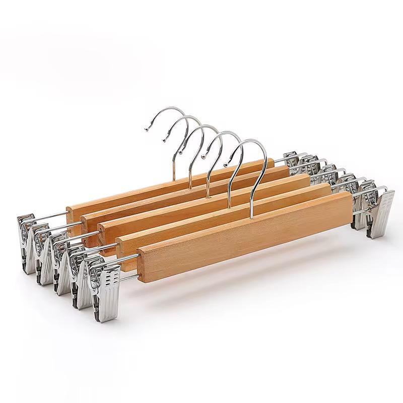 High Grade Natural Wooden Hangers Skirt Pants Hangers with Clips and 360° Swivel Hook, Heavy Duty Jeans Hangers, Skirt,Trousers,kids clothes, Closet Organizer with Trousers Clips5pcs