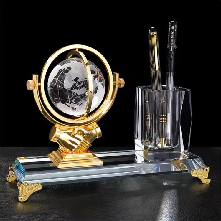 Gold Silver Bronze Metal Eagle with Globe Desktop Gift Crystal Pen Holder Set for Table Office Decoration