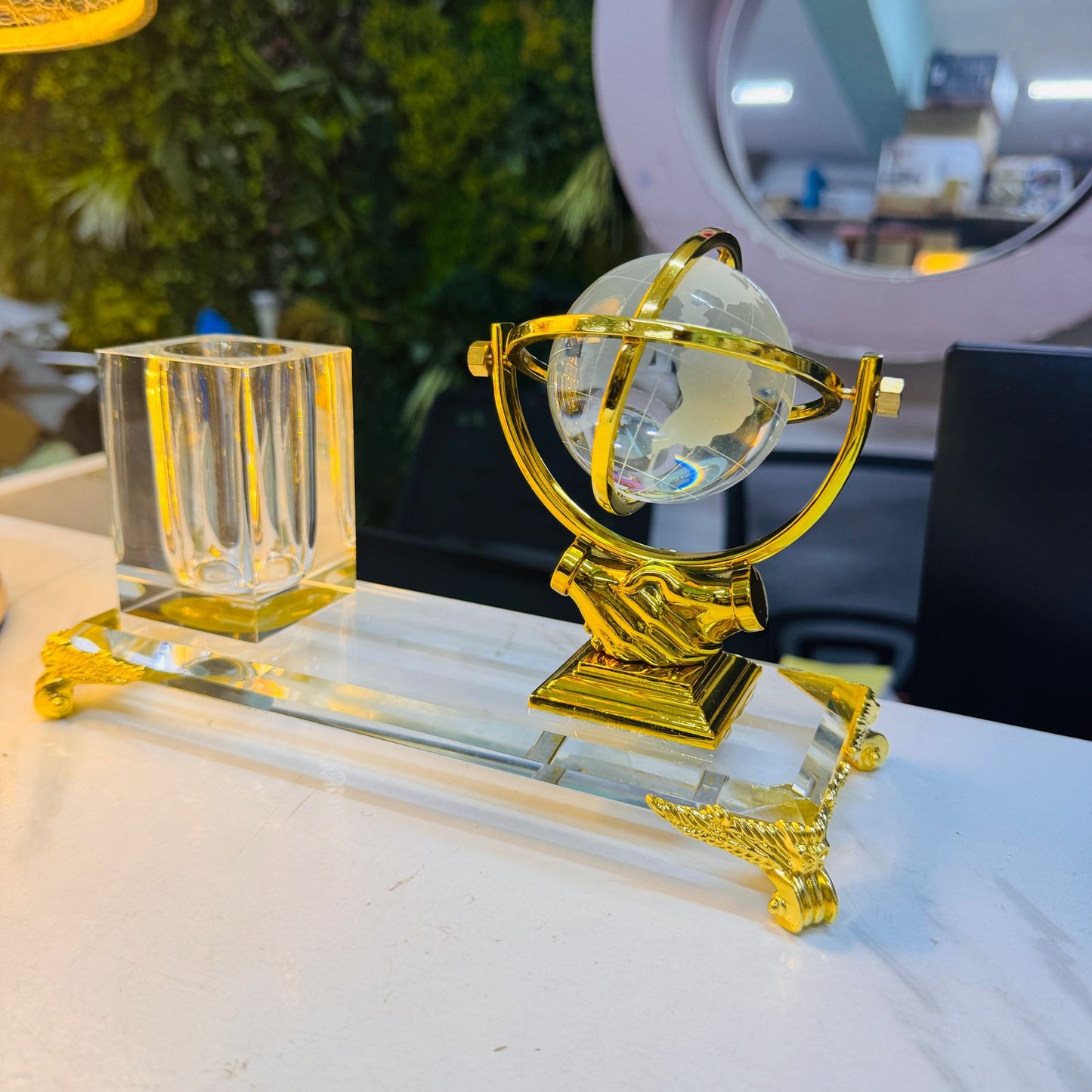 Gold Silver Bronze Metal Eagle with Globe Desktop Gift Crystal Pen Holder Set for Table Office Decoration