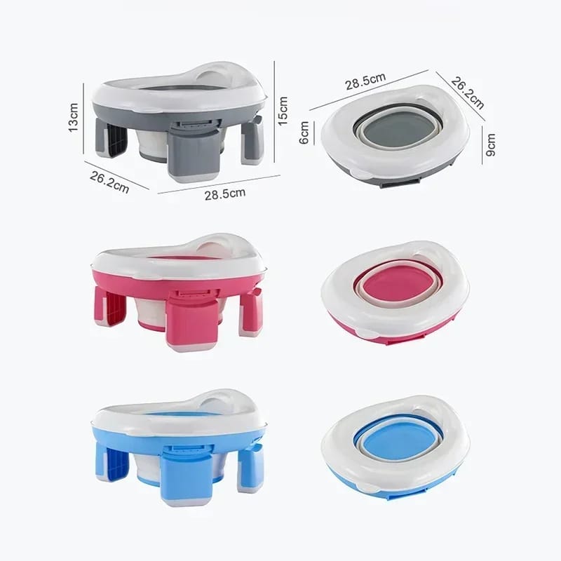 foldable portable training potty in various colors and angles, with dimensions provided for each view.