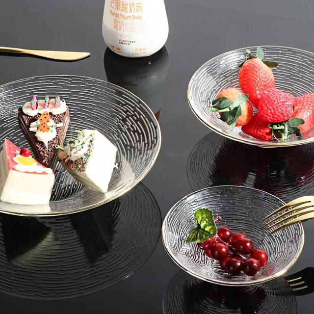 Transparent Glass Plate Golden Edge Fruit Salad Dessert Breakfast Dish Bowl Set Tablewear Dishes