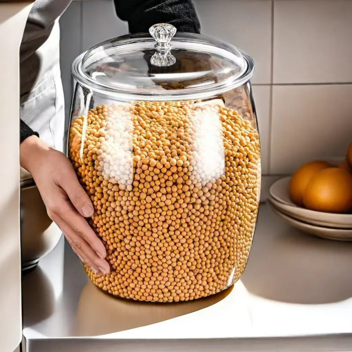 Airtight transparent cereal storage container.