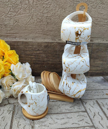 Classy cup saucer set
✅White marble cup with bamboo stand and coasters
