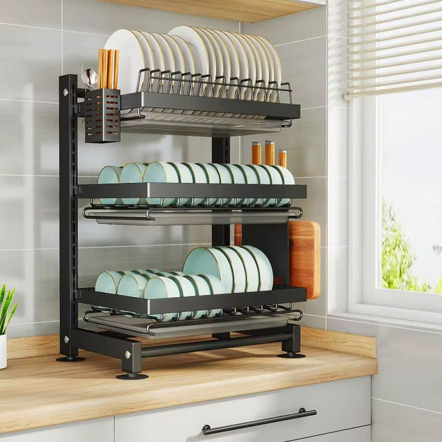 3TIER HEAVY DUTY ADJUSTABLE HEIGHT DISH DRYING RACK WITH DRAINBOARD, UTENSILS HOLDER