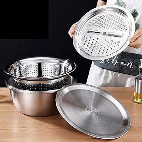 Set 304 colander Stainless Steel Bowl with Lid, Kitchen Cooking Salad Mixing Bowls Set Washing Drain Basket Soup Basin Strainer