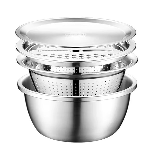 Set 304 colander Stainless Steel Bowl with Lid, Kitchen Cooking Salad Mixing Bowls Set Washing Drain Basket Soup Basin Strainer