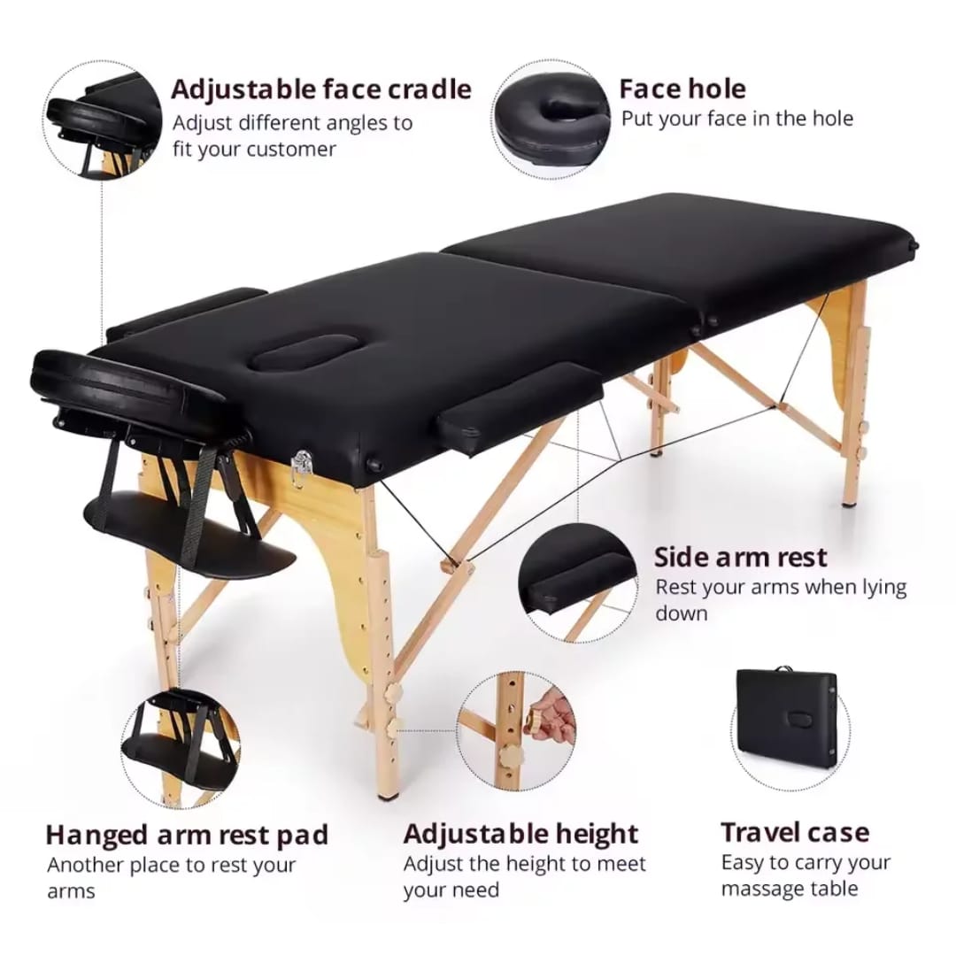 Portable Foldable Wooden Massage Bed with Adjustable Height & Face Cradle (Black, 72 inches) 2 sections