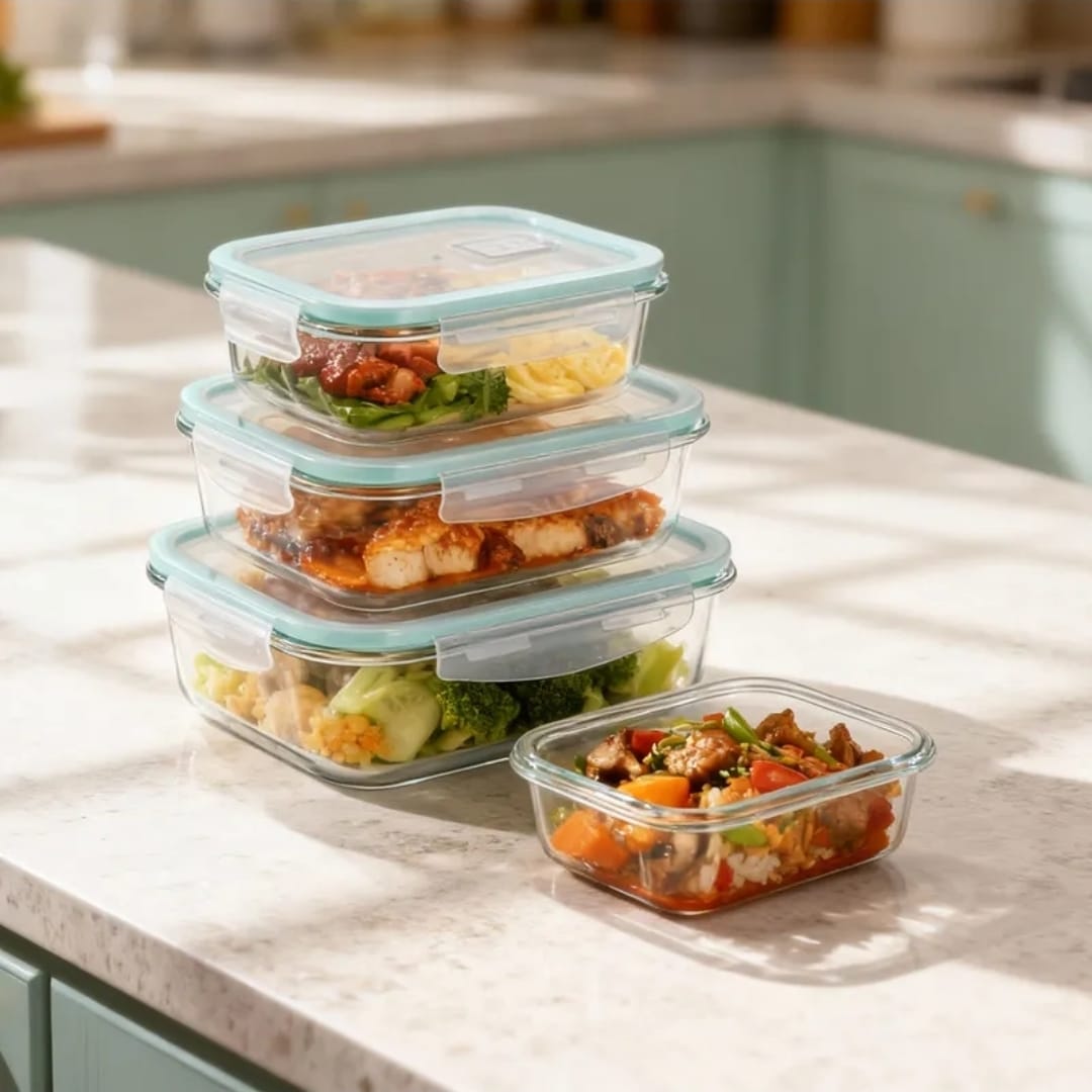 Capacity:370ml, 640ml,1040ml,1520 ml
Glass is microwaveable, dishwasher safe,freezer safe and oven safe to 450° F
Colour: Blue lid