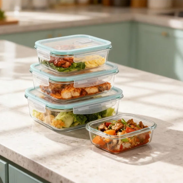 Capacity:370ml, 640ml,1040ml,1520 ml
Glass is microwaveable, dishwasher safe,freezer safe and oven safe to 450° F
Colour: Blue lid