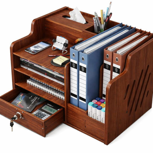 Bamboo Desk Organizer, Desktop Wood Bookshelf File Organizer, Pen Holder and Tissue Holder, 1 Drawer with lock for Office, Home