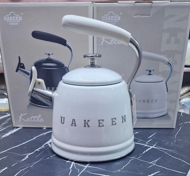 cream UAKEEN Germany retro stovetop kettle in cream white with chrome handle and lid knob, available in cream, grey and navy blue