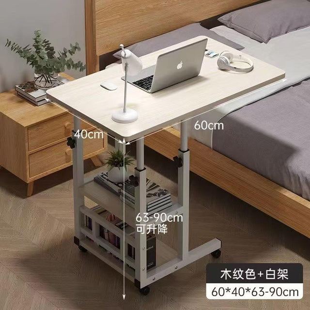 Adjustable mobile laptop desk with storage shelf, wheels, and height adjustment from 63–90cm. Perfect for bed, sofa, study, and home office use.