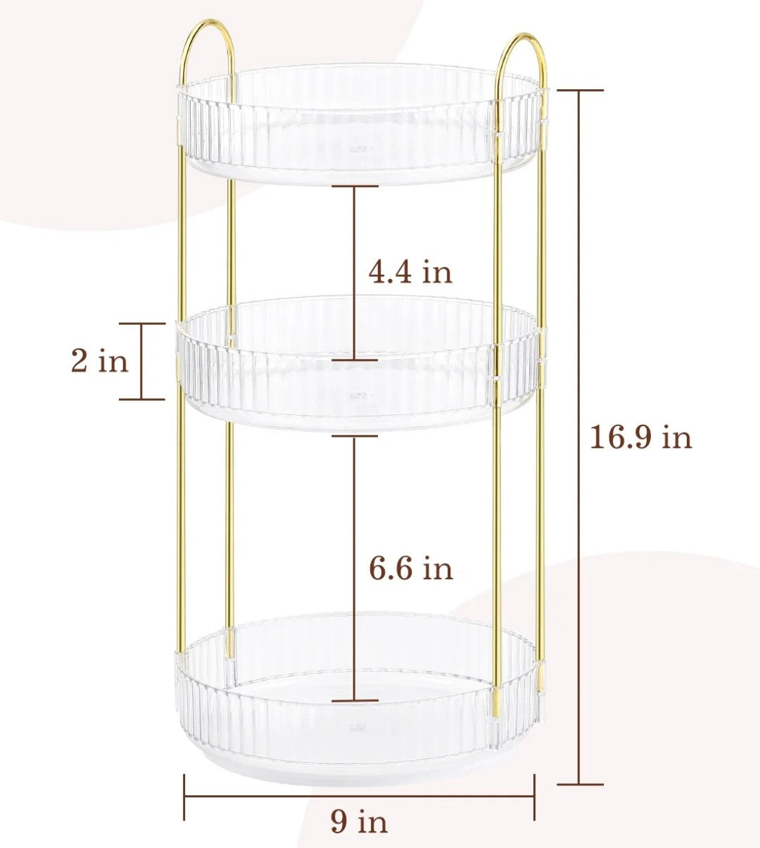 3-Tier 360° Rotating Makeup Organiser with Gold Frame & Clear Acrylic Trays – Skincare & Perfume Storage Rack for Vanity & Bathroom