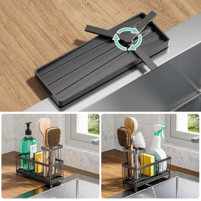 Metal sink caddy organizer with adjustable dividers and drain tray for storing sponges, soap, brushes and cleaning supplies.