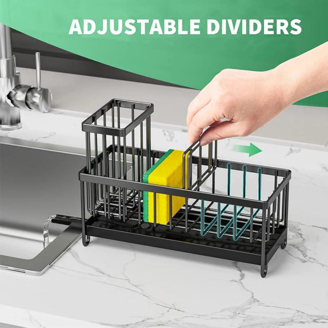 Metal sink caddy organizer with adjustable dividers and drain tray for storing sponges, soap, brushes and cleaning supplies.