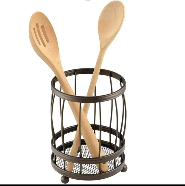 Round metal utensil holder for organizing spoons, forks, knives, chopsticks and kitchen utensils on the countertop