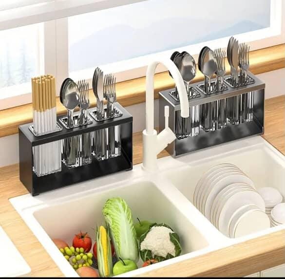 Modern stainless steel cutlery holder with drainage compartments for organizing spoons, forks, knives and kitchen utensils