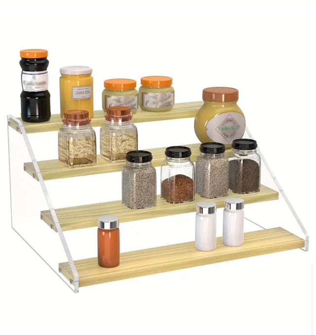 Bamboo Spice Rack Organizer with Clear Acrylic Side Panels.4-Tier