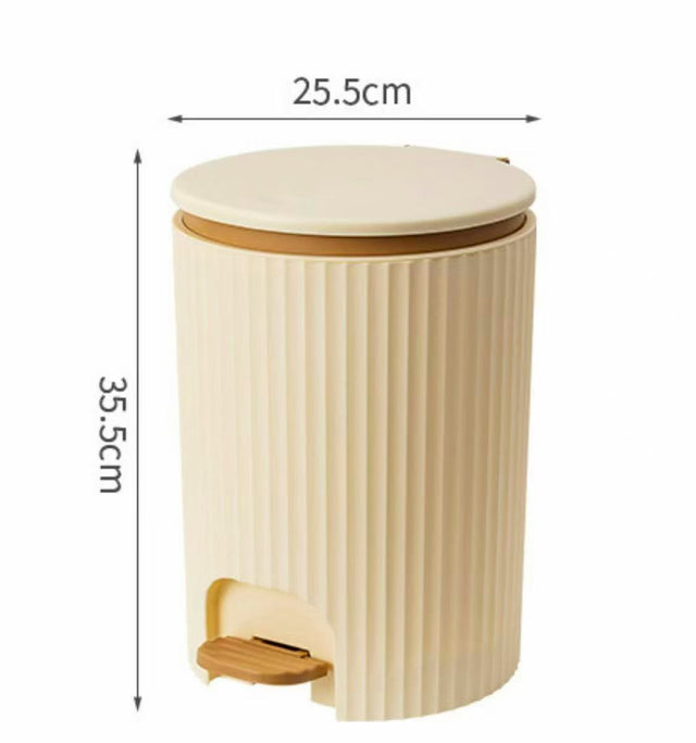 Modern 15L ribbed plastic pedal dustbin with soft-close lid measuring 25.5 cm diameter and 35.5 cm height for kitchens, bathrooms, bedrooms, and offices.