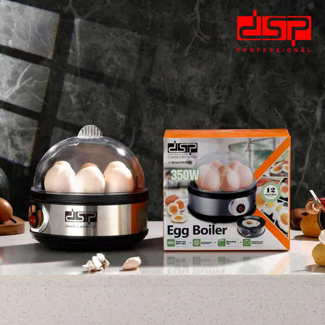 DSP 350W electric egg boiler with a transparent lid and 7-egg capacity displayed beside its retail packaging.