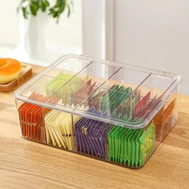 Acrylic Tea Bag Organizer with Lid | Partitioned Tea Sachet Storage Box