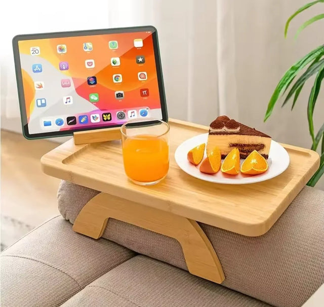 Foldable Bamboo Sofa Armrest Tray with Tablet & Phone Holder