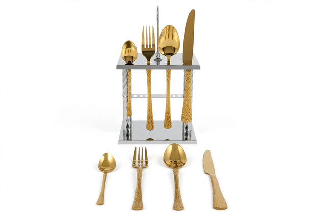 Hammered Cutlery Set with Stand — Gold & Silver Stainless Steel