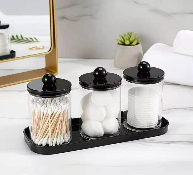 3 Piece Acrylic Storage Jars — Bathroom and Desk Organizer with Tray
