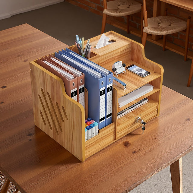 Bamboo Desk Organizer, Desktop Wood Bookshelf File Organizer, Pen Holder and Tissue Holder