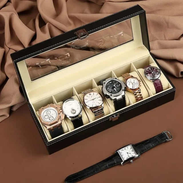 6 Slot Watch Box — PU Leather Organizer with Glass Lid
