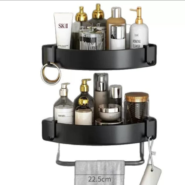3 Tier Corner Shower Caddy — Black, Wall Mounted with Towel Bar