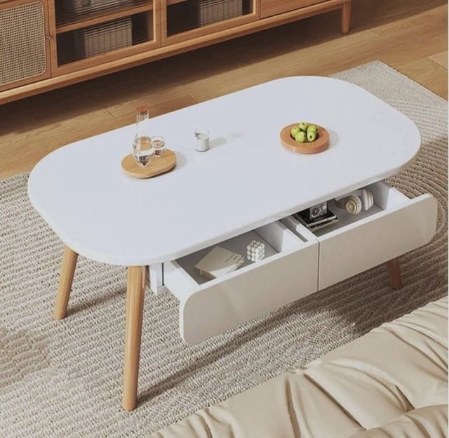 Oval Coffee Table with Storage Drawers | Wooden Leg Coffee Table