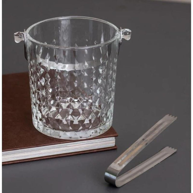 Clear Glass Crystal Ice Bucket with Metal Handle and Ice Tong — 900ml