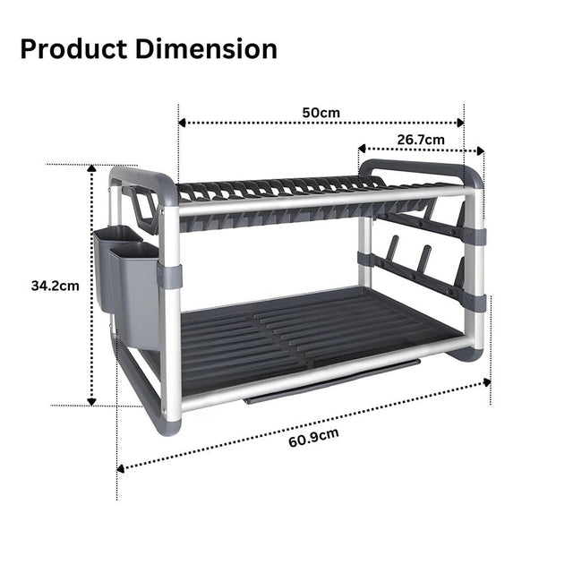 Aluminium Multifunctional Dish Drying Rack with 2 Tiers, Drainer Board, Glass and Spoon Holders — 60.9 x 26.7 x 34.2 cm