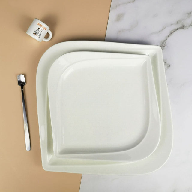 White Heavy Porcelain Curved Wavy Ceramic Dinner Plates — 6 Pieces