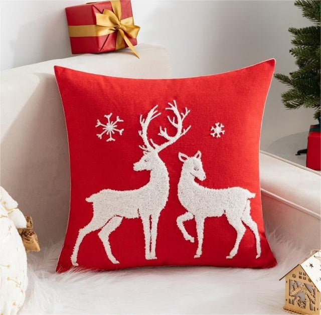 Embroidered Red Christmas Cushion with White Reindeer Couple and Snowflakes — 45 x 45 cm car