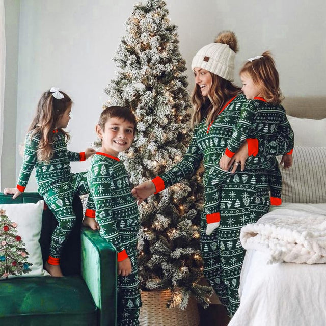 Green Christmas Matching Family Pajamas with Tree and Snowflake Print, Polycotton Set for Women and Kids